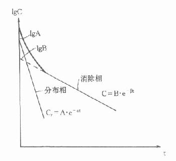 二室模型静脉注射血药浓度-时间关系示意图