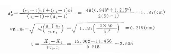 （二）t检验 可用于两样本含量n1、n2较小时，且要求两总体方差相等，即方差齐（homoscedasticity）。若被检验的两样本方差相差较大且差别有统计学意义则需用t'检验。