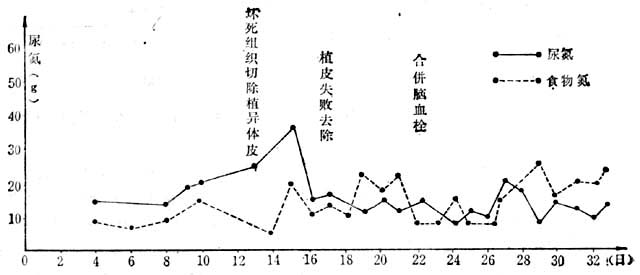 烧伤总面积54/Ⅲ°20%烧伤后手术及发生并发症时尿氮排出量变化 